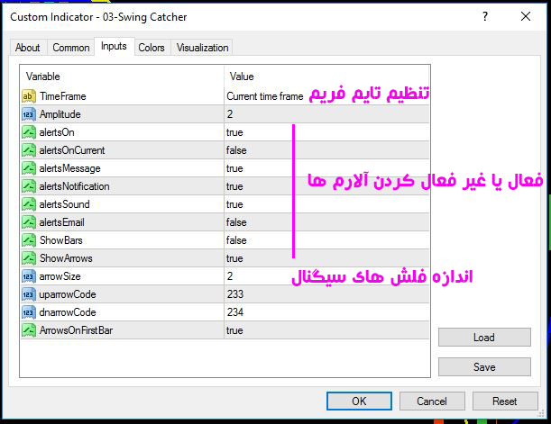 تنظیمات مربوط به اندیکاتور  SWING CATCHER
