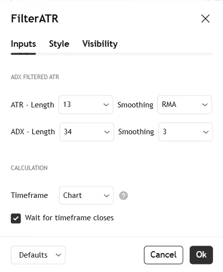 تنظیمات اندیکاتور ADX Filtered Average True Range