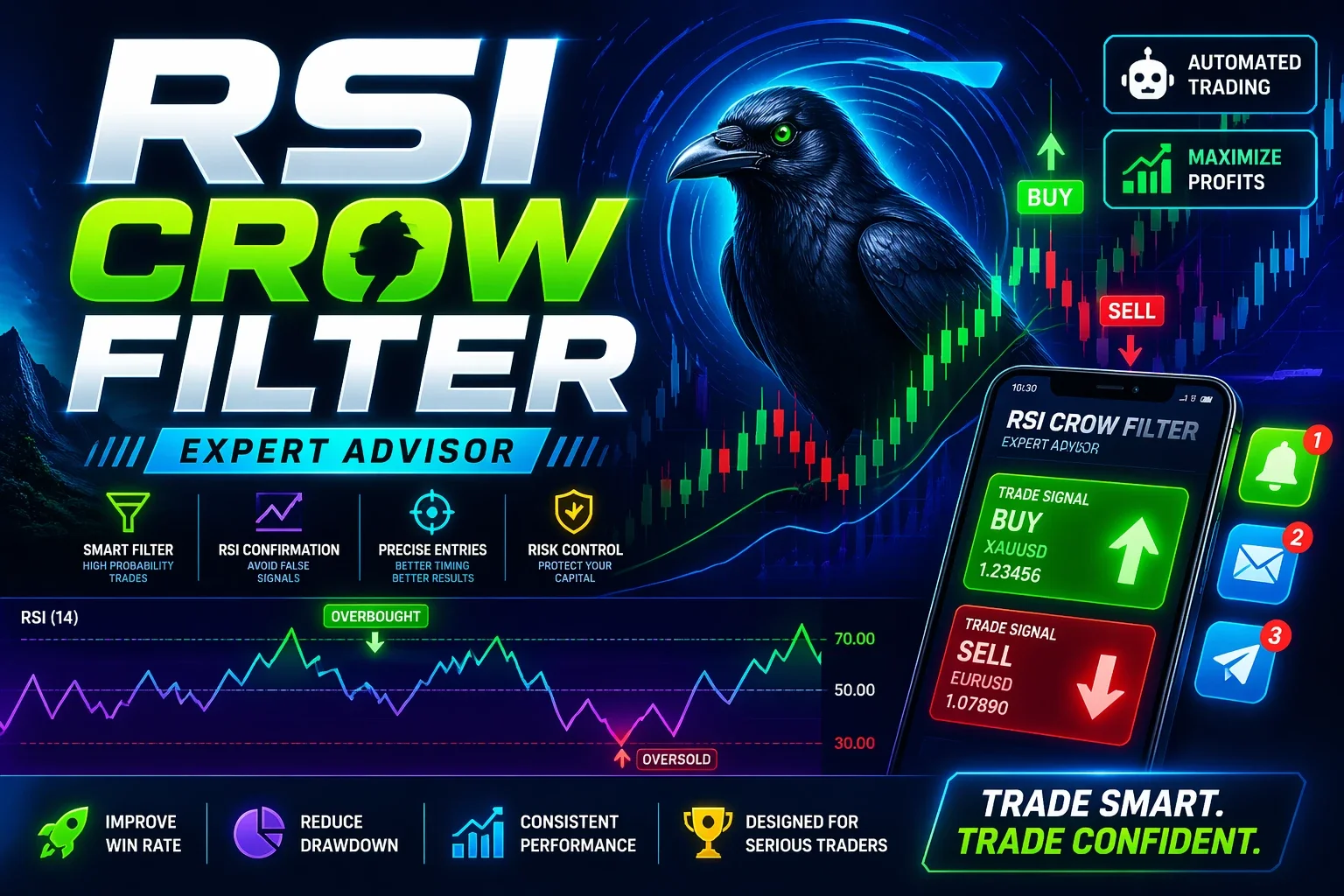 خرید اکسپرت فیلتر RSI کلاغ در متاتریدر 5 با ویژگی ارسال سیگنال استراتژی اندیکاتور RSI به موبایل