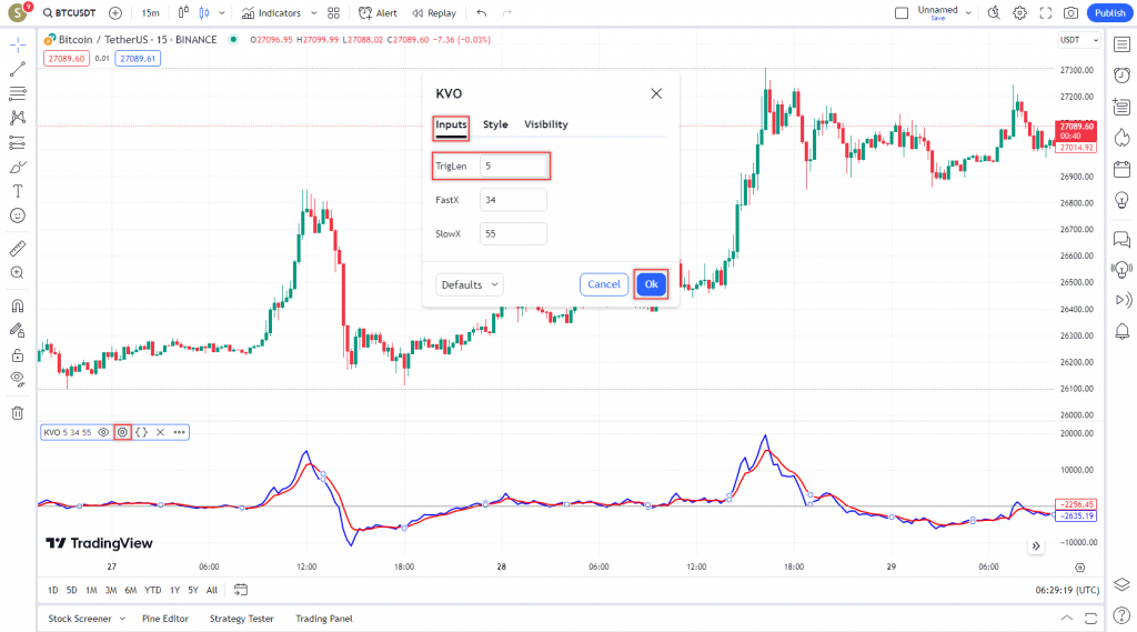 دانلود رایگان و آموزش اندیکاتور نوسان گیری Klinger Volume Oscillator برای ارز دیجیتال و فارکس در تریدینگ ویو تایم فریم 15 دقیقه