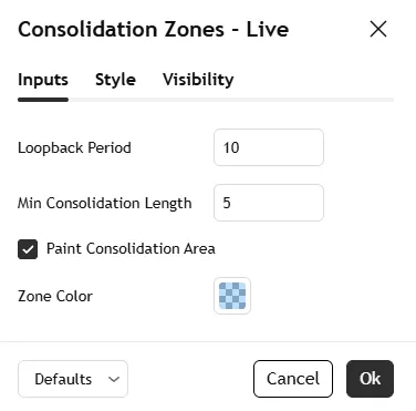 تنظیمات اندیکاتور Consolidation Zones - Live