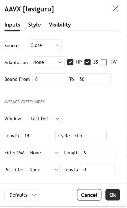 تنظیمات اندیکاتورAdaptive Average Vortex Index [lastguru]