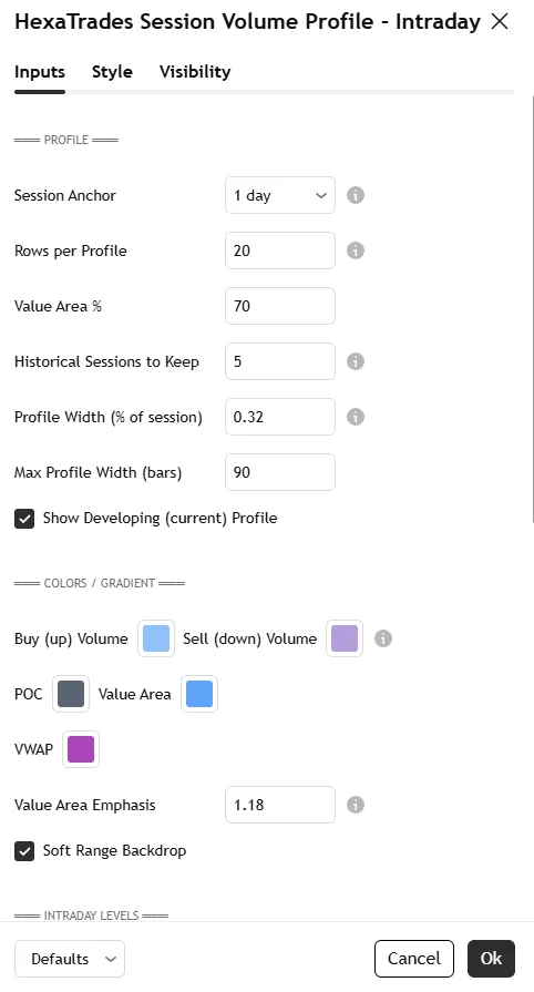 
تنظیمات اندیکاتور Session Volume Profile - Intraday [HexaTrades]