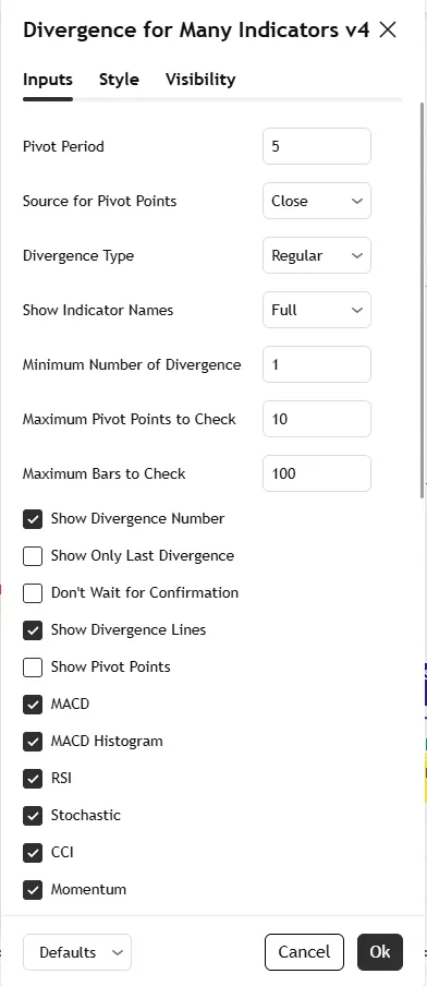 تنظیمات اندیکاتور ‏Divergence for many indicators‏ 