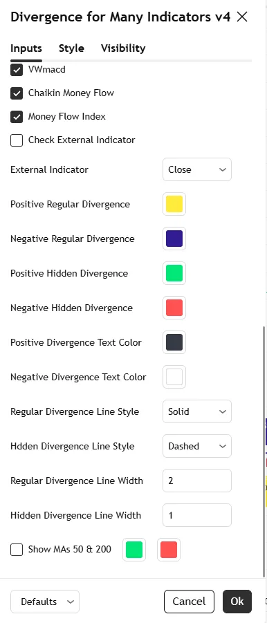 تنظیمات اندیکاتور ‏Divergence for many indicators‏ 
