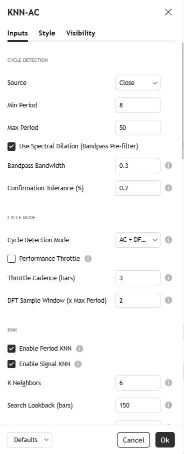 تنظیمات اندیکاتور KNN Adaptive Cycles