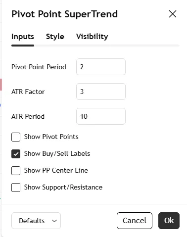 تنظیمات اندیکاتور(PPS)Pivot Point SuperTrend