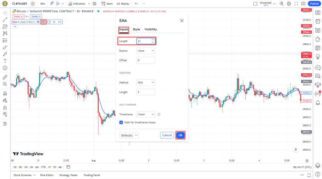 دانلود رایگان و آموزش اندیکاتور نوسان گیری (EMA) Moving Average Exponential برای ارز دجیتال و فارکس در تریدینگ ویو تایم فریم 30 دقیقه