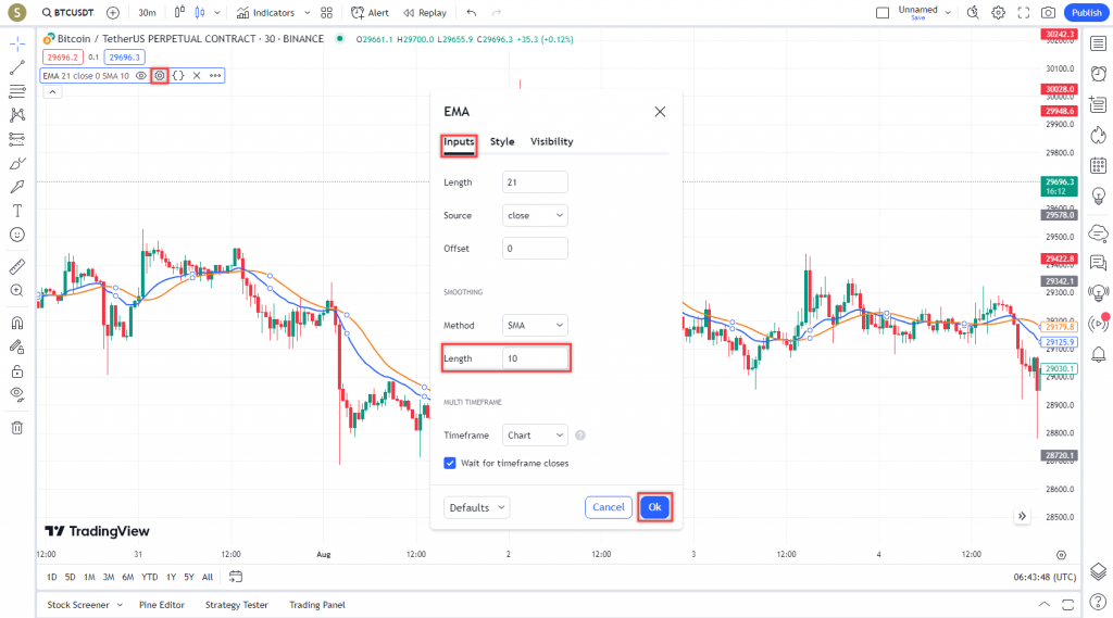 دانلود رایگان و آموزش اندیکاتور نوسان گیری (EMA) Moving Average Exponential برای ارز دجیتال و فارکس در تریدینگ ویو تایم فریم 30 دقیقه