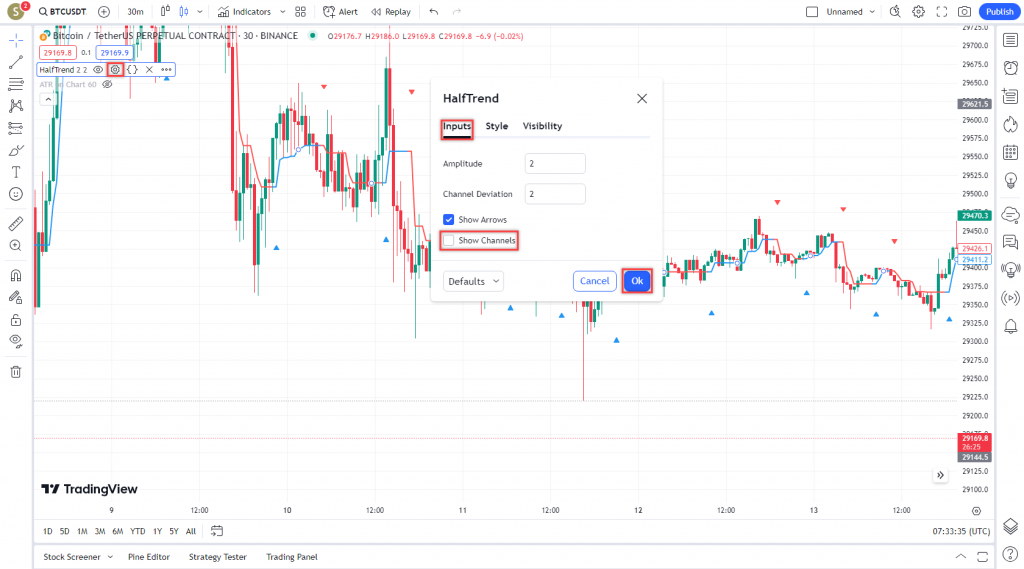 دانلود رایگان و آموزش اندیکاتور نوسان گیری Half Trend برای ارز دجیتال و فارکس در تریدینگ ویو تایم فریم 30 دقیقه