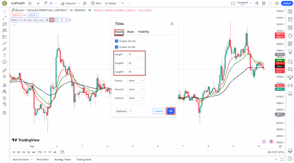 دانلود رایگان و آموزش اندیکاتور نوسان گیری Three Moving Average (TEMA) برای ارز دجیتال و فارکس در تریدینگ ویو تایم فریم 1 ساعت