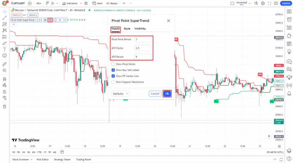 دانلود رایگان و آموزش اندیکاتور نوسان گیری(PPS)Pivot Point SuperTrend برای ارز دجیتال و فارکس در تریدینگ ویو تایم فریم 45 دقیقه
