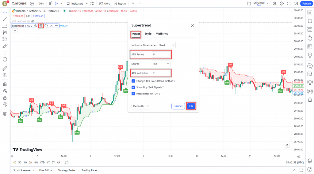 دانلود رایگان و آموزش اندیکاتور نوسان گیری Super Trend برای ارز دجیتال و فارکس در تریدینگ ویو تایم فریم 30 دقیقه