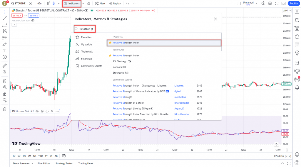 دانلود رایگان و آموزش اندیکاتور نوسان گیری Relative Strength Index برای ارز دیجیتال و فارکس در تریدینگ ویو تایم فریم 45 دقیقه