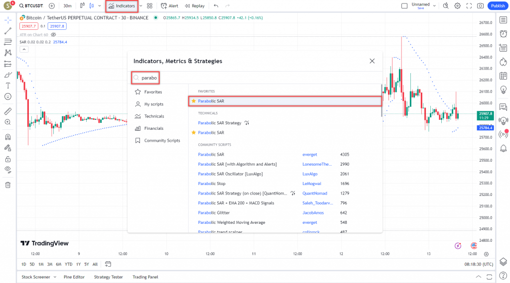 دانلود رایگان و آموزش اندیکاتور نوسان گیری Parabolic SAR برای ارز دیجیتال و فارکس در تریدینگ ویو تایم فریم 30 دقیقه