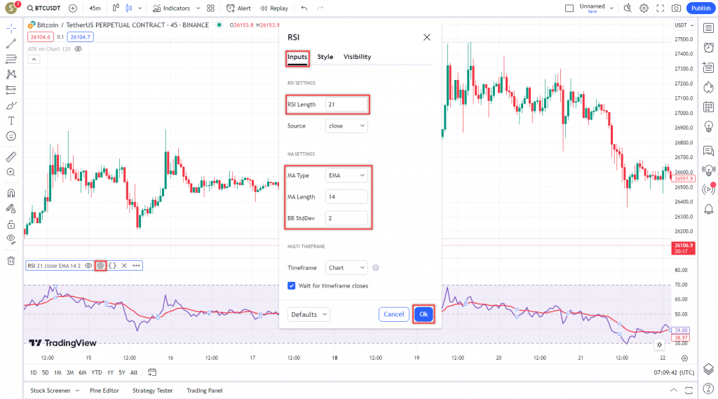 دانلود رایگان و آموزش اندیکاتور نوسان گیری Relative Strength Index برای ارز دیجیتال و فارکس در تریدینگ ویو تایم فریم 45 دقیقه