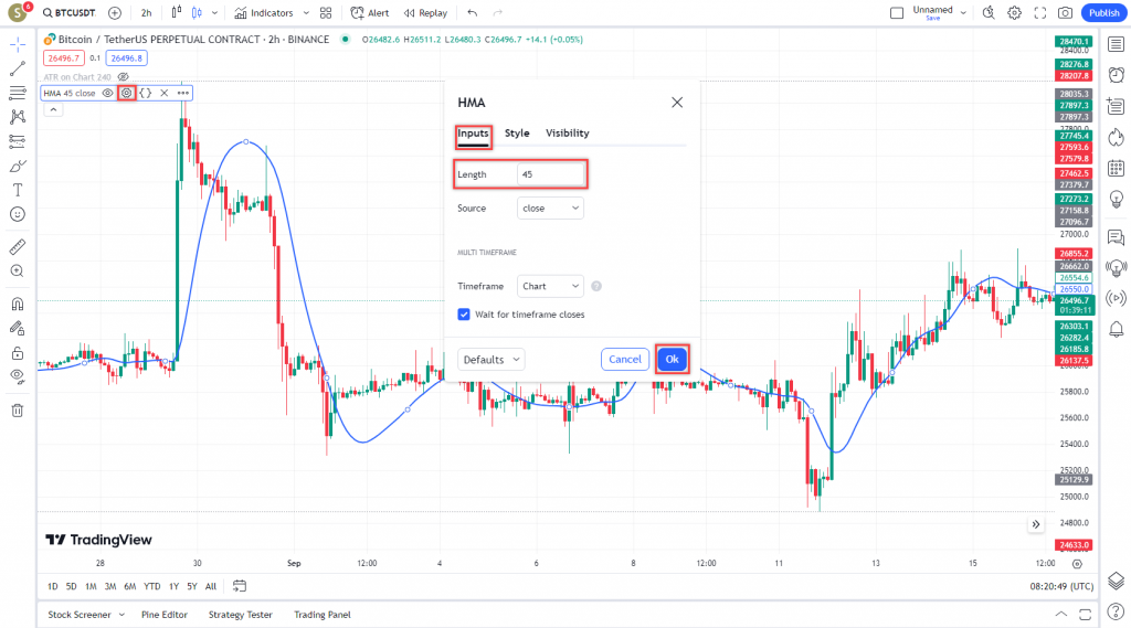 دانلود رایگان و آموزش اندیکاتور نوسان گیری Hull Moving Average برای ارز دیجیتال و فارکس در تریدینگ ویو تایم فریم 2 ساعت