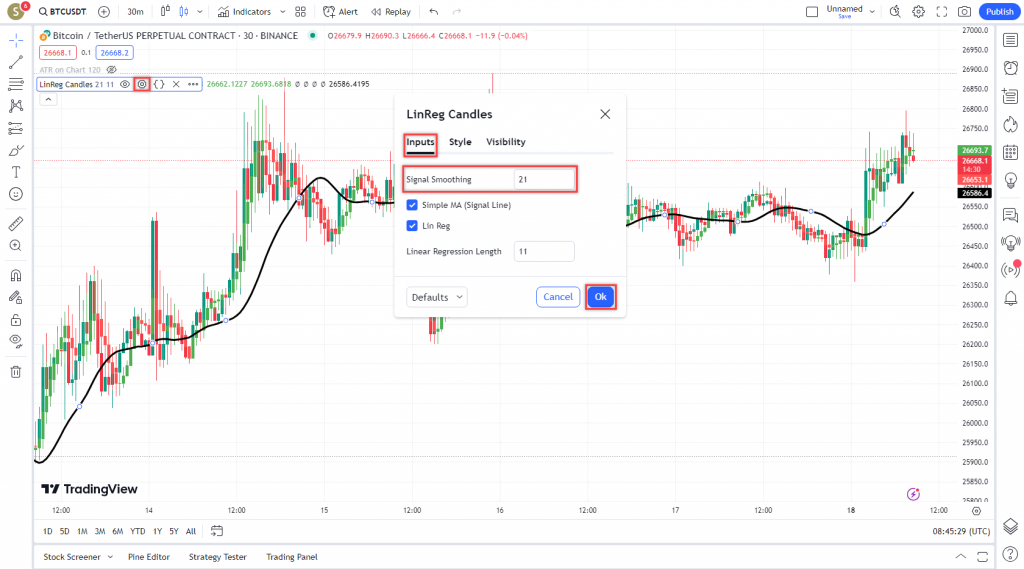 دانلود رایگان و آموزش اندیکاتور نوسان گیری Linear Regression Candles برای ارز دیجیتال و فارکس در تریدینگ ویو تایم فریم 30 دقیقه