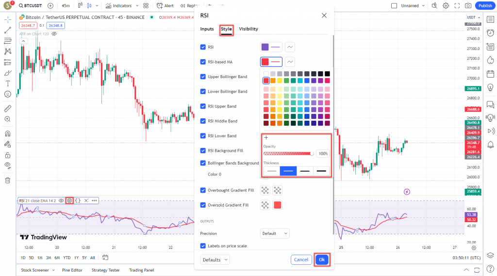 دانلود رایگان و آموزش اندیکاتور نوسان گیری Relative Strength Index برای ارز دیجیتال و فارکس در تریدینگ ویو تایم فریم 45 دقیقه