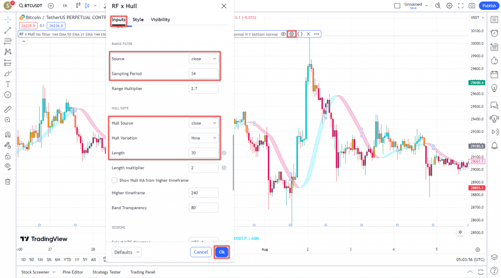 دانلود رایگان و آموزش اندیکاتور نوسان گیری Range Filter x Hull Suite برای ارز دیجیتال و فارکس در تریدینگ ویو تایم فریم 1 ساعت