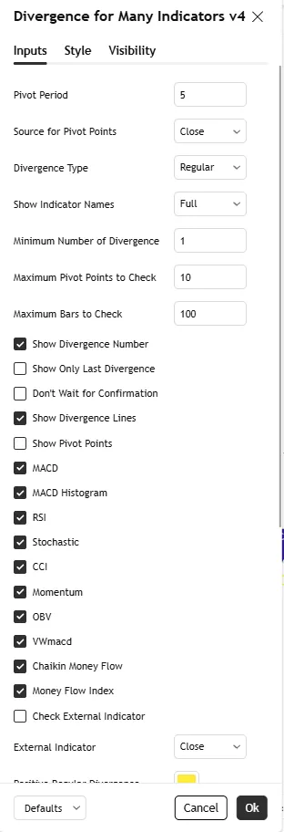 تنظیمات اندیکاتورDivergence For Many Indicators V4