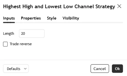 تنظیمات اندیکاتورHighest High and Lowest Low Channel Strategy