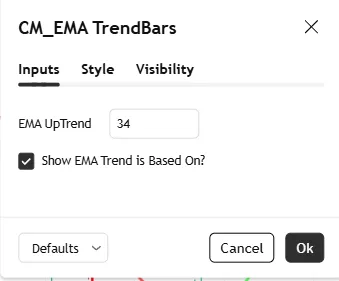 تنظیمات اندیکاتورCM EMA TrendBars