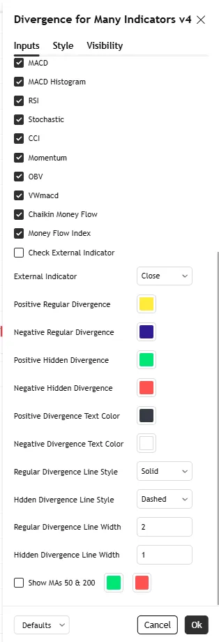 تنظیمات اندیکاتورDivergence For Many Indicators V4