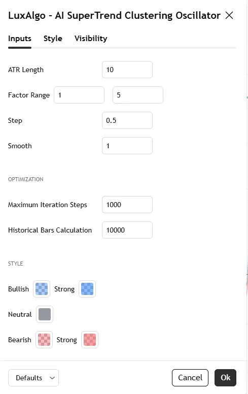 تنظیمات اندیکاتورAI SuperTrend Clustering Oscillator