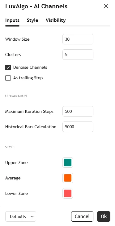 تنظیمات اندیکاتور AI Channels (Clustering) [LuxAlgo]