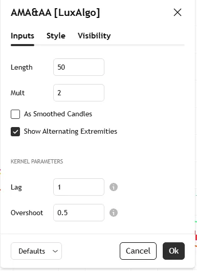 تنظیمات اندیکاتور Adjustable MA & Alternating Extremities [LuxAlgo]