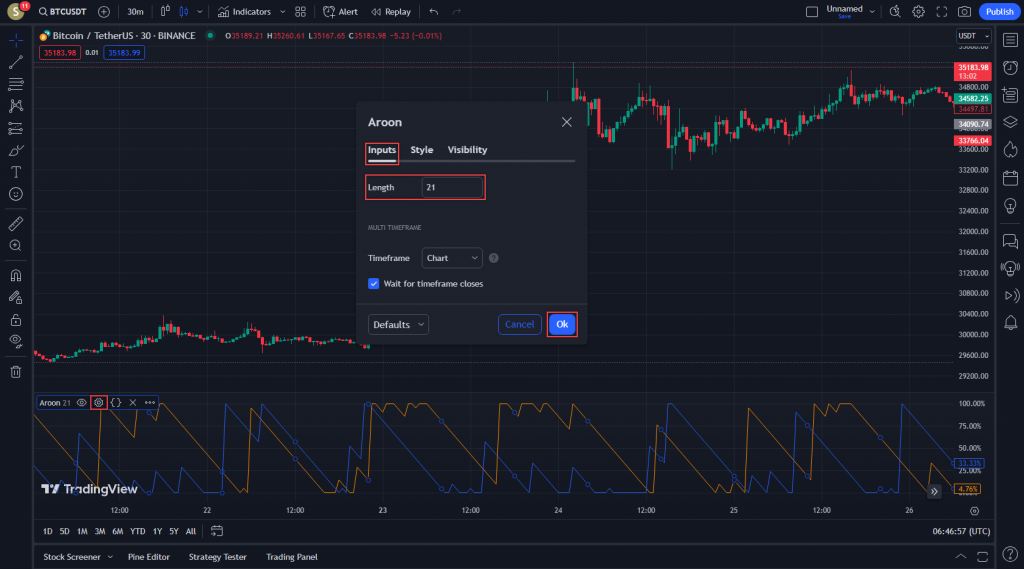 اندیکاتور بسیار خوب معاملات اسکالپ Aroon برای ارزدیجیتال در تریدینگ ویو تایم فریم 30 دقیقه