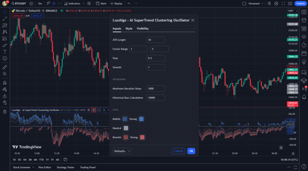 اندیکاتور فوق العاده معاملات اسکالپی AI SuperTrend Clustering Oscillator برای ارزدیجیتال در تریدینگ ویو تایم فریم 5 دقیقه