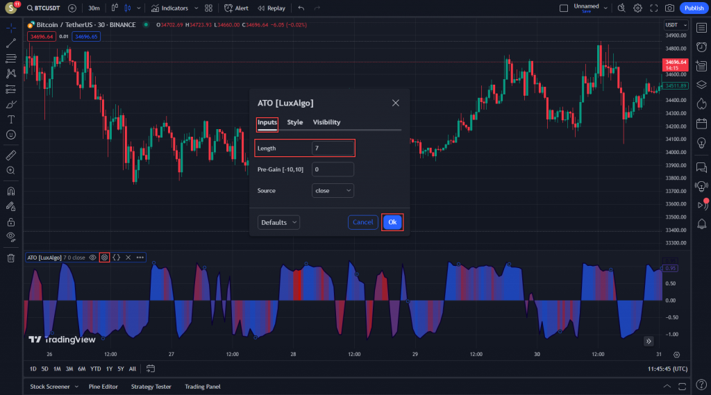 اندیکاتور اسکالپ ArcTan Oscillator برای ارزدیجیتال در تریدینگ ویو تایم فریم 30دقیقه