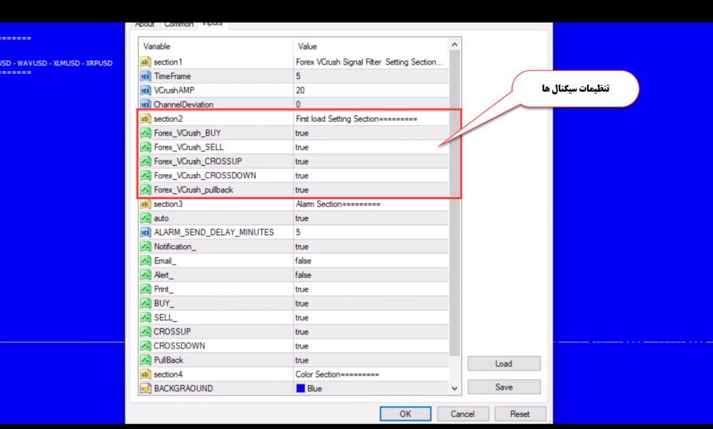 نمونه کار ربات سیگنال یاب اندیکاتور Forex VCrush Signal متاتریدر 4