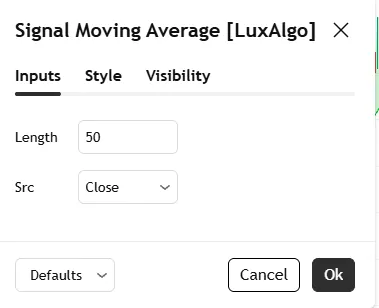 تنظیمات اندیکاتور Signal Moving Average