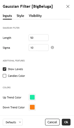 تنظیمات اندیکاتورGaussian Filter [BigBeluga]