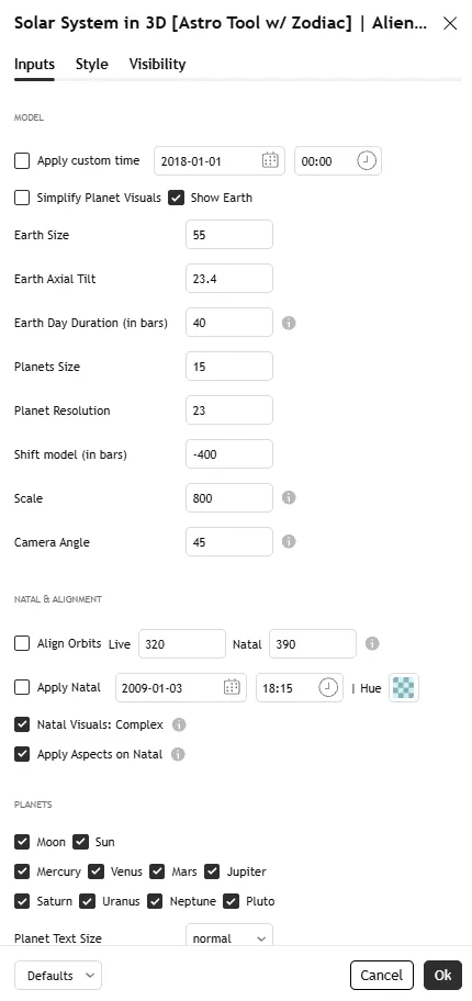 تنظیمات اندیکاتور Solar System in 3D [Astro Tool w/ Zodiac]