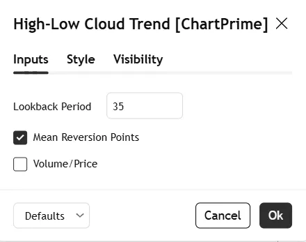 تنظیمات اندیکاتور High-Low Cloud Trend [ChartPrime]