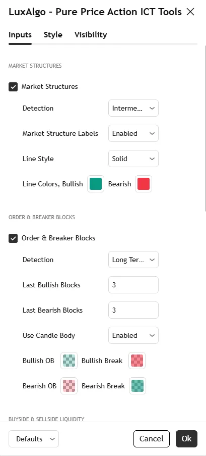 تنظیمات اندیکاتور Pure Price Action ICT Tools [LuxAlgo]