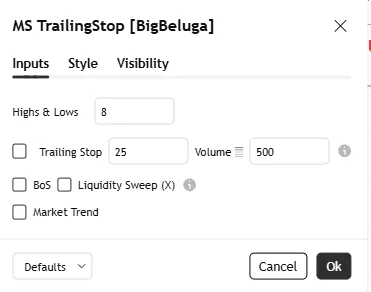 تنظیمات اندیکاتورMarket Structure Trailing Stop [BigBeluga]