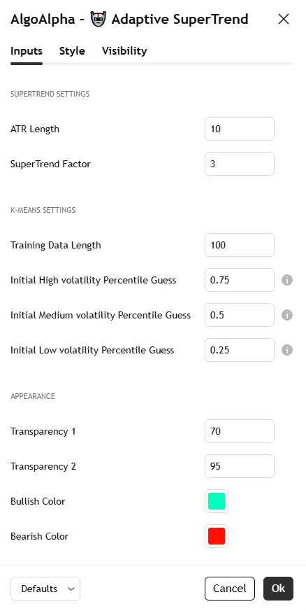 تنظیمات اندیکاتور Machine Learning Adaptive SuperTrend [AlgoAlpha]