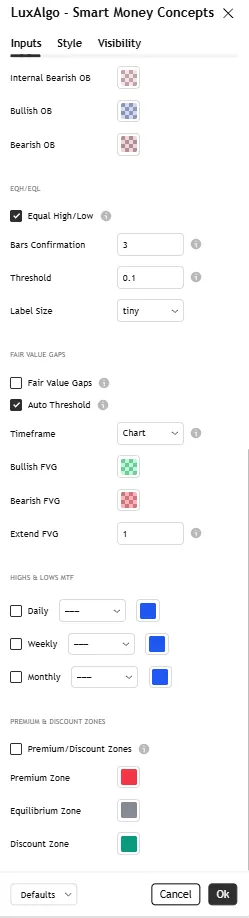 تنظیمات اندیکاتور Smart Money Concepts (SMC) [LuxAlgo]