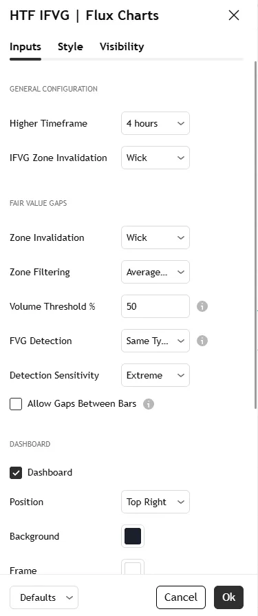 تنظیمات اندیکاتور HTF Inversion Fair Value Gap | Flux Charts