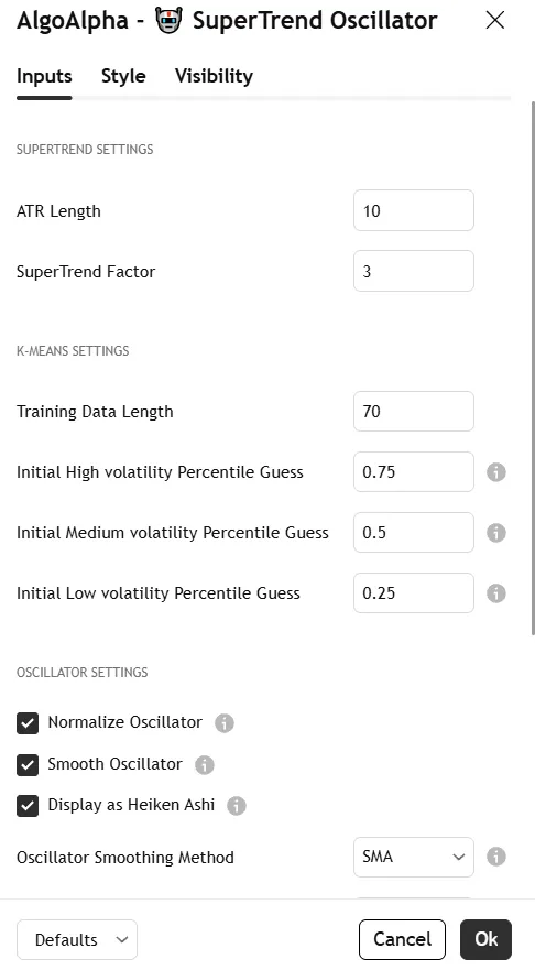 تنظیمات اندیکاتور Adaptive SuperTrend Oscillator