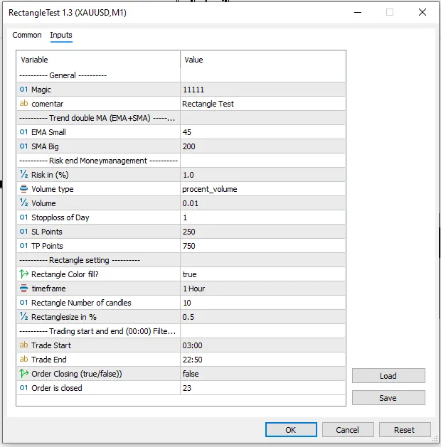تنظیمات اکسپرت RectangleTest