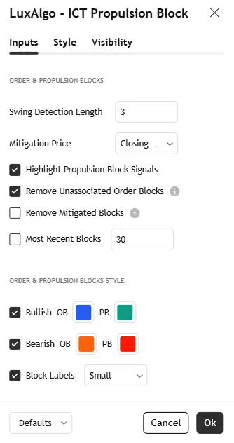 تنظیمات اندیکاتور ICT Propulsion Block
