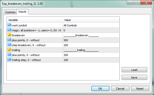 دانلود اکسپرت breakeven trailing SL در متاتریدر 5
