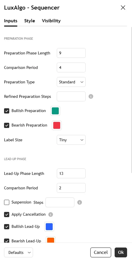 تنظیمات اندیکاتور LuxAlgo Sequencer