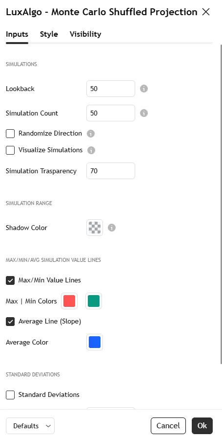 تنظیمات اندیکاتور Monte Carlo Shuffled Projection [LuxAlgo]